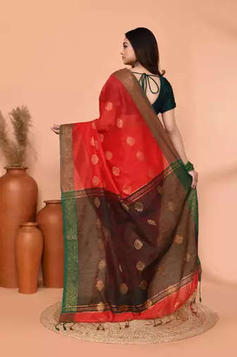 red cotton blend handloom saree with running blouse piece