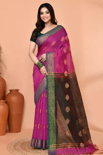 magenta cotton blend handloom saree with running blouse piece
