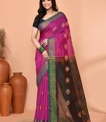 magenta cotton blend handloom saree with running blouse piece