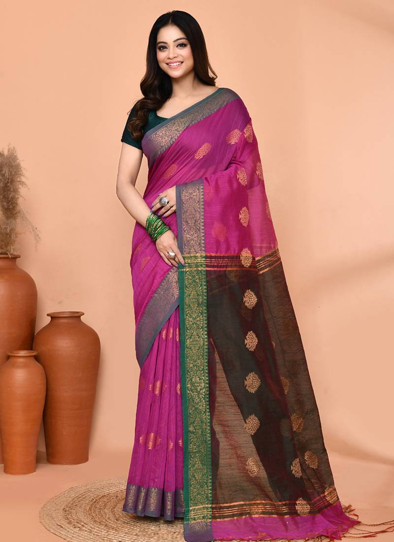magenta cotton blend handloom saree with running blouse piece