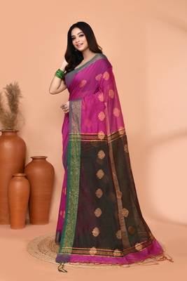 magenta cotton blend handloom saree with running blouse piece 2