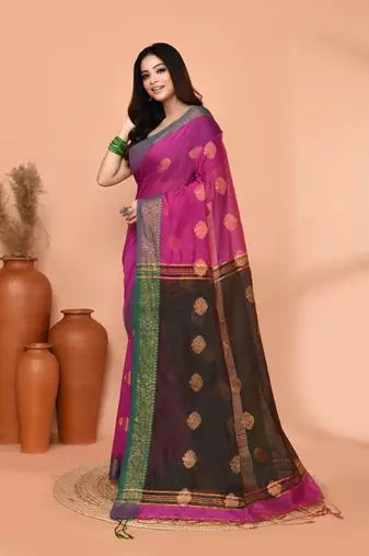 magenta cotton blend handloom saree with running blouse piece