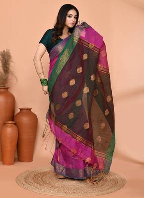 magenta cotton blend handloom saree with running blouse piece 3
