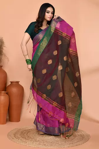 magenta cotton blend handloom saree with running blouse piece