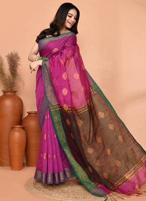 magenta cotton blend handloom saree with running blouse piece 4