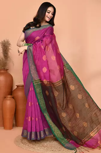 magenta cotton blend handloom saree with running blouse piece