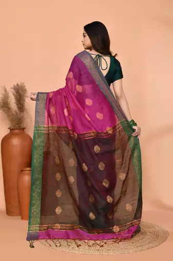 magenta cotton blend handloom saree with running blouse piece