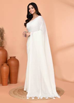off white cotton blend handloom saree with running blouse piece 2