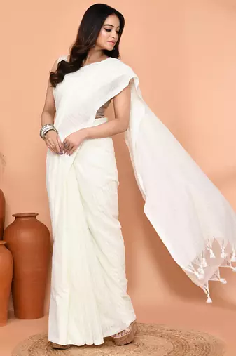 off white cotton blend handloom saree with running blouse piece