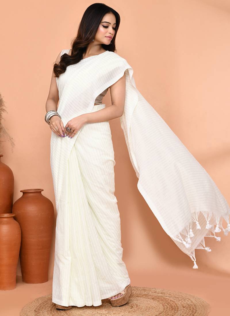off white cotton blend handloom saree with running blouse piece