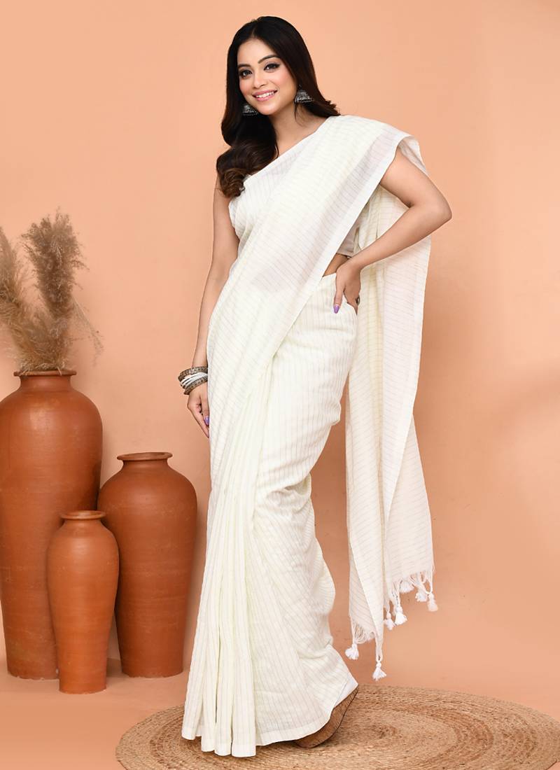 off white cotton blend handloom saree with running blouse piece