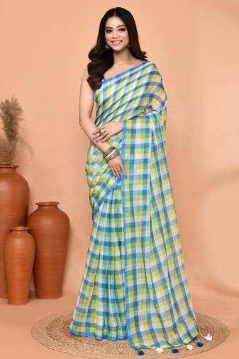 cotton blend handloom multi color check saree with running blouse piece