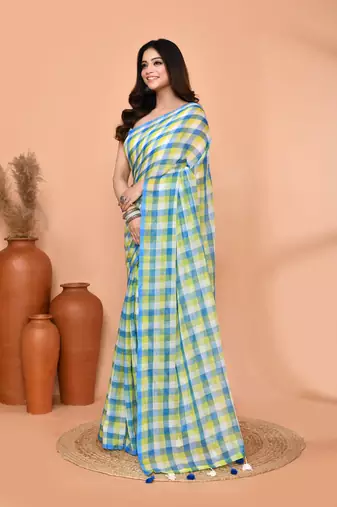 cotton blend handloom multi color check saree with running blouse piece