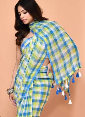 cotton blend handloom multi color check saree with running blouse piece 3