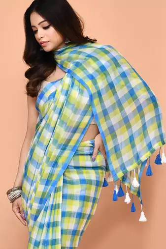 cotton blend handloom multi color check saree with running blouse piece