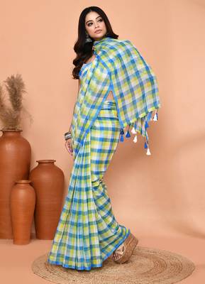 cotton blend handloom multi color check saree with running blouse piece 4