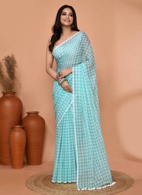 cotton blend handloom white sky blue check saree with running blouse piece 1