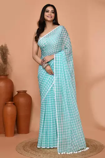 cotton blend handloom white sky blue check saree with running blouse piece