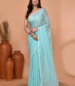 cotton blend handloom white sky blue check saree with running blouse piece