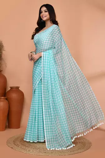 cotton blend handloom white sky blue check saree with running blouse piece