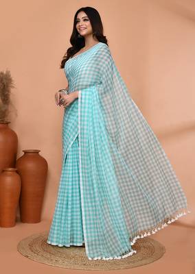 cotton blend handloom white sky blue check saree with running blouse piece 3
