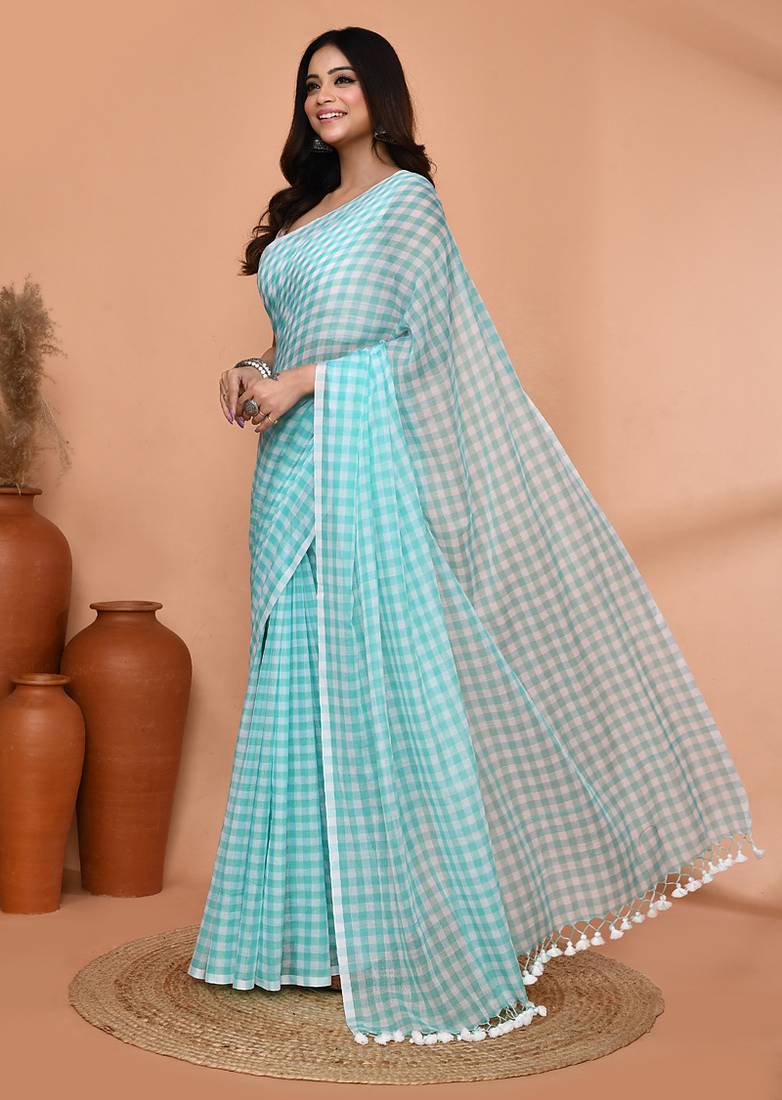 cotton blend handloom white sky blue check saree with running blouse piece