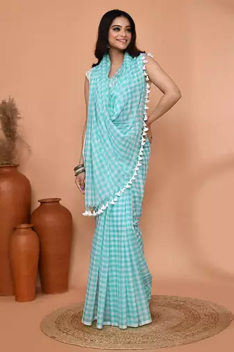 cotton blend handloom white sky blue check saree with running blouse piece