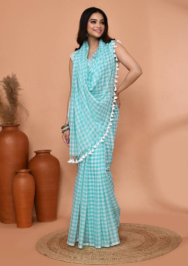 cotton blend handloom white sky blue check saree with running blouse piece