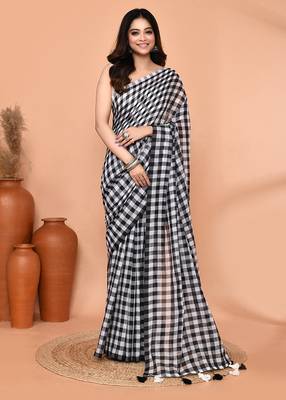 cotton blend handloom white black check saree with running blouse piece 1