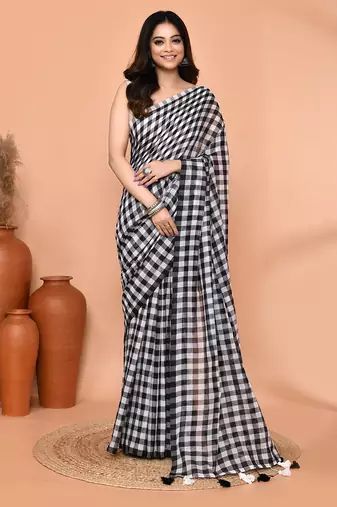 cotton blend handloom white black check saree with running blouse piece