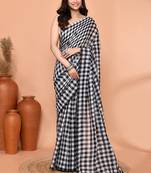cotton blend handloom white black check saree with running blouse piece