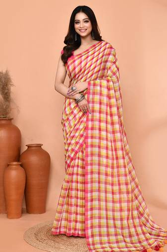 cotton blend handloom multi color check saree with running blouse piece