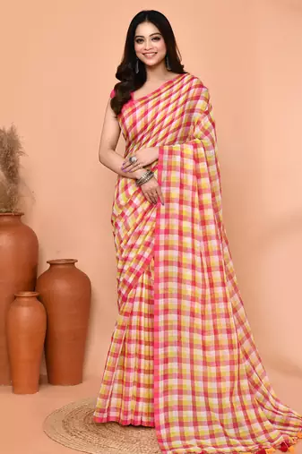 cotton blend handloom multi color check saree with running blouse piece