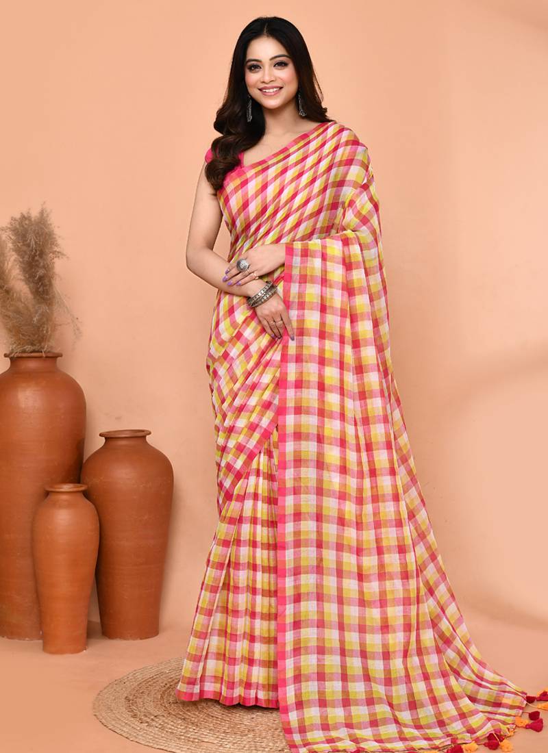 cotton blend handloom multi color check saree with running blouse piece