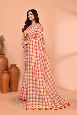 cotton blend handloom multi color check saree with running blouse piece 2
