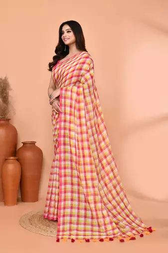 cotton blend handloom multi color check saree with running blouse piece