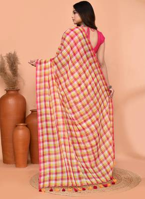 cotton blend handloom multi color check saree with running blouse piece 3