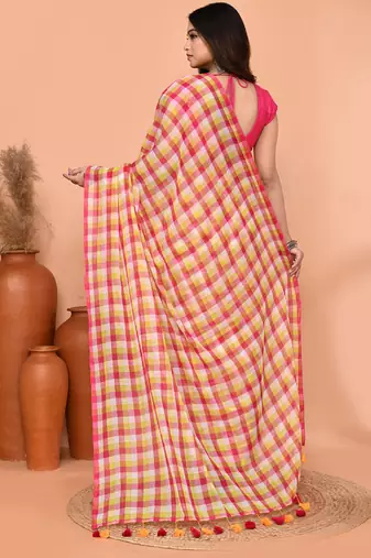 cotton blend handloom multi color check saree with running blouse piece