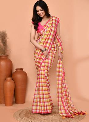 cotton blend handloom multi color check saree with running blouse piece 5