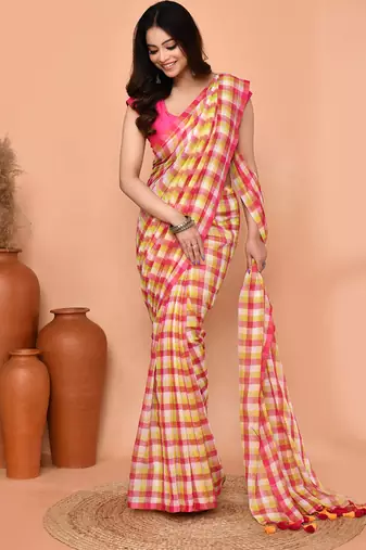 cotton blend handloom multi color check saree with running blouse piece