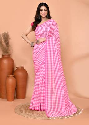 cotton blend handloom white pink check saree with running blouse piece 1