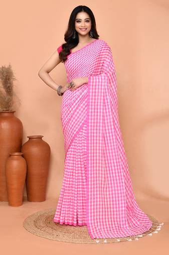 cotton blend handloom white pink check saree with running blouse piece