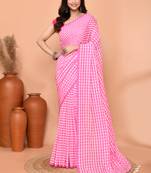 cotton blend handloom white pink check saree with running blouse piece