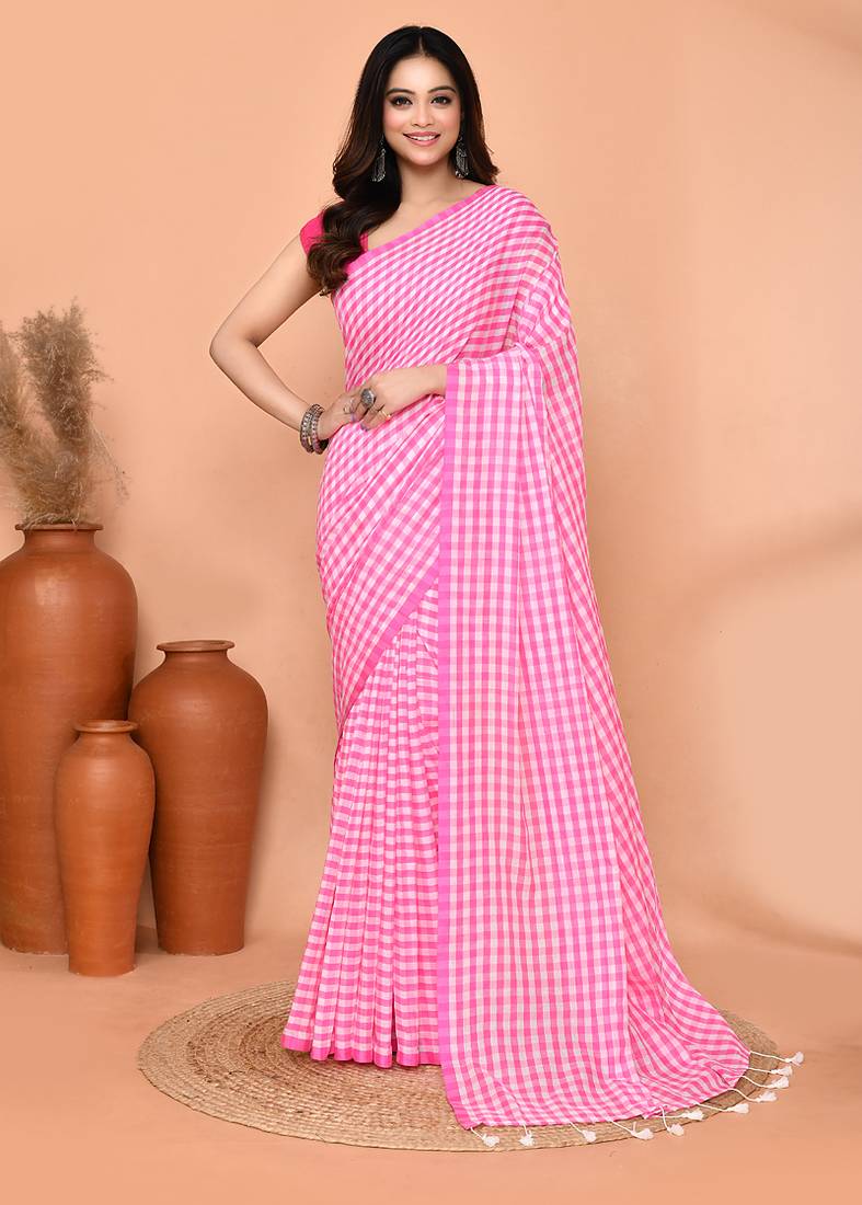 cotton blend handloom white pink check saree with running blouse piece