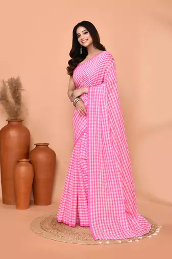 cotton blend handloom white pink check saree with running blouse piece