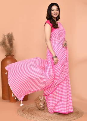 cotton blend handloom white pink check saree with running blouse piece 3