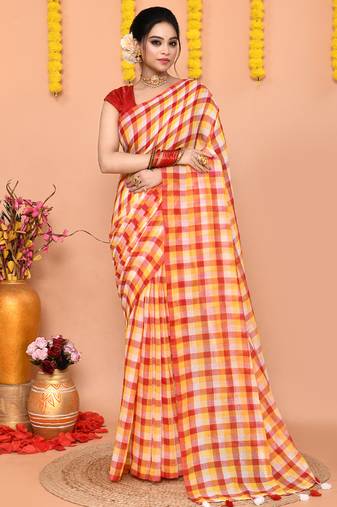 cotton blend handloom multi check saree with running blouse piece