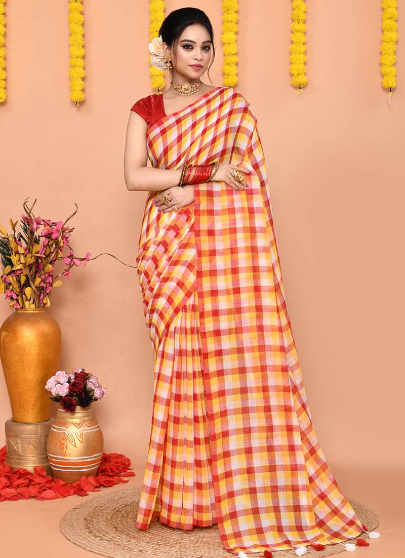 cotton blend handloom multi check saree with running blouse piece