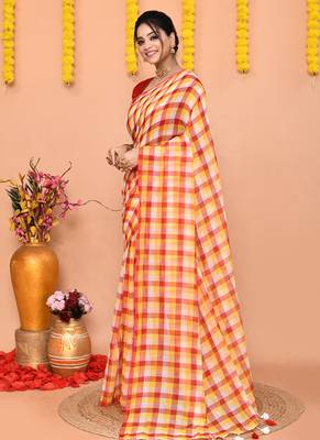 cotton blend handloom multi check saree with running blouse piece 2