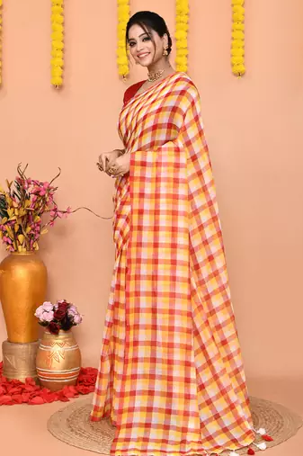 cotton blend handloom multi check saree with running blouse piece